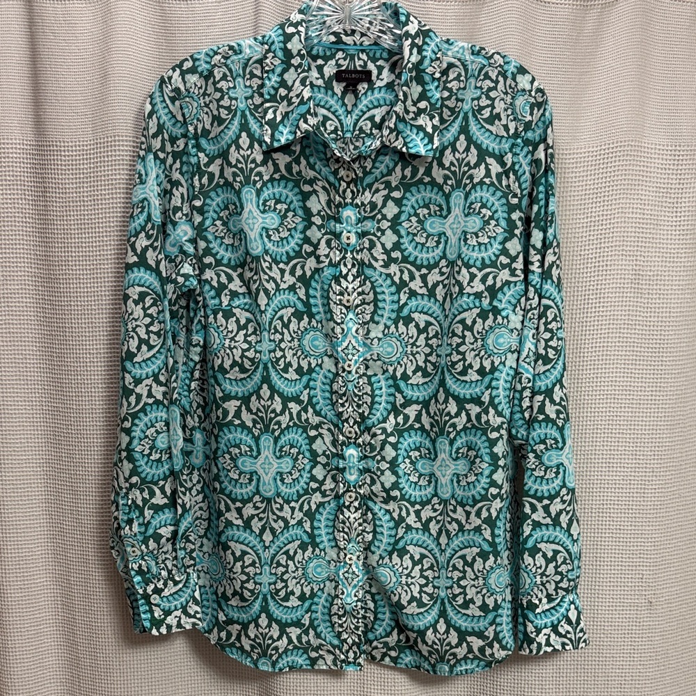 Talbots‎ Teal/White Patterned Button Down Shirt SZ M cotton work casual beachy